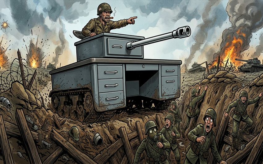 A 1950's tanker desk stylized as an actual tank