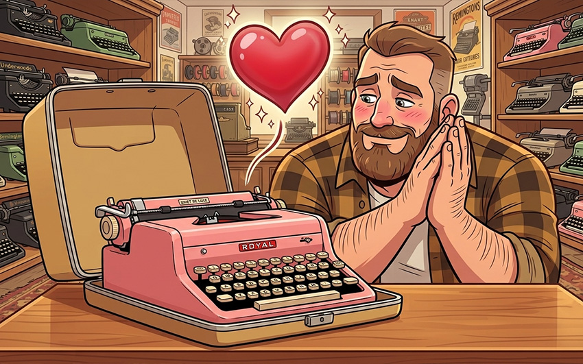 A burly man falling in love with a pink typewriter