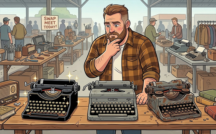 Man looking at 3 typewriters in varying condition.