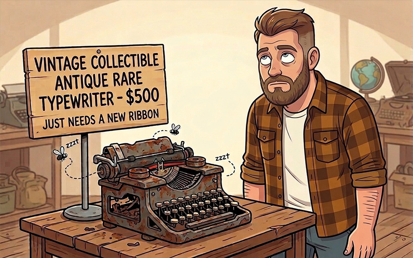 A man tired of shopping for a typewriter.